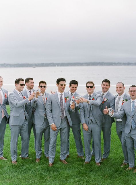 Groomsmen Attire Floral Tie, Groomsmen Ties Mismatched, Floral Ties Groomsmen, Mismatched Groomsmen, Groom With Groomsmen, Whimsical Wedding Theme, Gray Groomsmen Suits, Wedding Party Groomsmen, Wildflower Wedding Theme