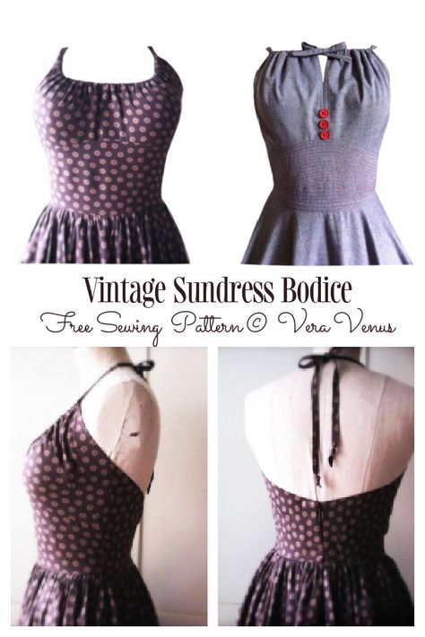 Homemade Dresses For Women Sewing, Sewing Bodice Pattern, Vintage Dresses Sewing Patterns, Diy Dress Bodice, Spaghetti Strap Dress Sewing Pattern, Vintage Sundress Pattern, Sundress Patterns For Women Easy, Beginner Dress Pattern Summer, Sun Dress Pattern Free Womens