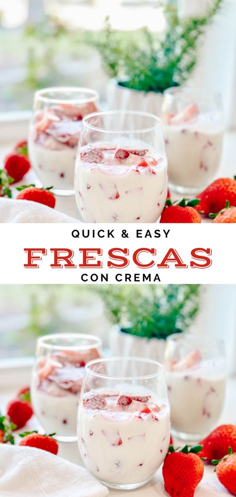 Whip up a batch of Fresas con Crema, a beloved Mexican treat that combines juicy strawberries with a velvety cream. It's not only delightful and easy to make but also perfect for any hot summer day or family gathering. Dive into this simple, quick dessert that captures the essence of Mexico with every sweet, creamy bite. #strawberriesandcream Mexican Strawberry Cream Drink, Hot Day Dessert Ideas, What To Make With Strawberries Easy, Strawberry Mexican Dessert, Strawberry Crema Fresca, Fresas Crema Recipe Mexican Easy, Strawberries Con Crema, Strawberry Cream Drink, Mexican Recipes Dessert