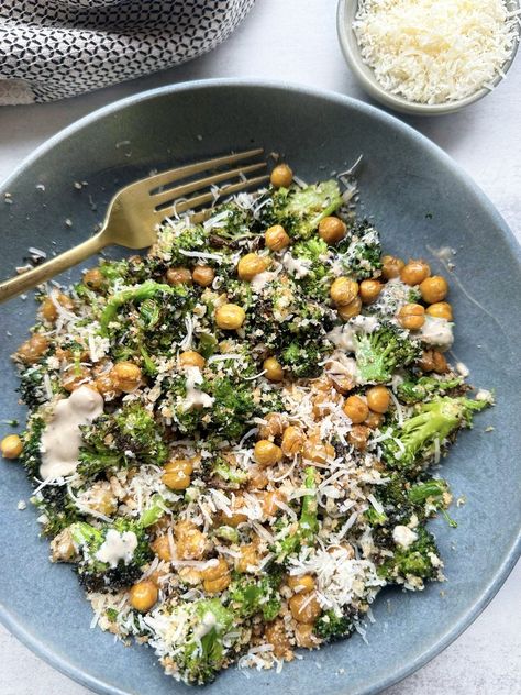 Broccoli Caesar Salad with Crispy Chickpeas and Toasted Breadcrumbs Broccoli Caesar Salad, Broccoli Caesar, Sammi Brondo, Crispy Quinoa, Healthy Relationship With Food, Baked Kale, Eat Vegetables, Savory Salads, Food Freedom