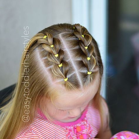 Front pull through braids. We blew out her hair today and it looked so smooth and silky! Love this style. ❤️ Baby Hair Cut Style, Girls Updo Hairstyles, Girls Updo, Girl Hair Dos, Easy Hairstyles For School, Toddler Hairstyles Girl, Kids Hair Cuts, Trendy Haircuts