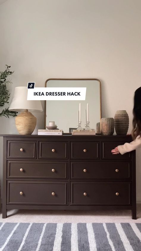 Ikea Dresser To Tv Stand, Hemnes Dresser Living Room, Dark Brown Painted Dresser, Ikea Dresser Styling, Bedroom Dresser Alternatives, Ikea Hemnes Dresser Bedroom, Ikea Dresser Hacks Bedroom, Dark Brown Dresser Decor, Ikea Dresser Flip