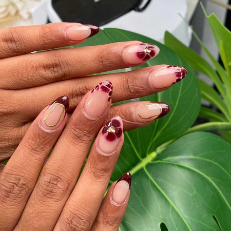 Nail Inspo Cherry, Red Nail Aesthetic, Floral French Tip Nails, Red Floral Nails, Nail Cherry, Cherry Mocha Nails, Mocha Nails, Cherry Mocha, Checkered Nails