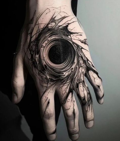 Dark Tatoos Aesthetic, Black Moon Tattoo Design, Hand Tattoos Blackwork, Black On Black Tattoo, Dark Matter Tattoo, Dark Elbow Tattoo, Cyberpunk Hand Tattoo, Paradoxical Tattoo, Dark Forearm Tattoo