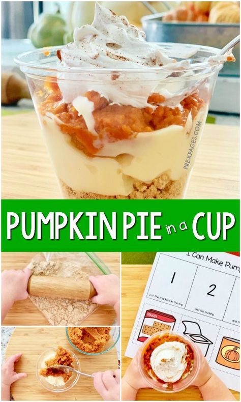 Kids Pumpkin Recipes, Thanksgiving Dessert For Kids To Make, Thanksgiving Food Activities Preschool, Mini Pumpkin Pie Cups, No Bake Mini Pumpkin Pie, Kids Cooking Recipes Thanksgiving, Easy Fall Snacks For Kids, Thanksgiving Preschool Lesson Plans, Pumpkin Pie In A Cup For Kids