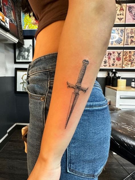 Fine Line Knife Tattoo, Knife Chest Tattoo, Knife Tattoo Women, Dagger Arm Tattoo, Forearm Dagger Tattoo, Fine Line Dagger Tattoo, Small Knife Tattoo, Dagger Thigh Tattoo, Dagger Forearm Tattoo