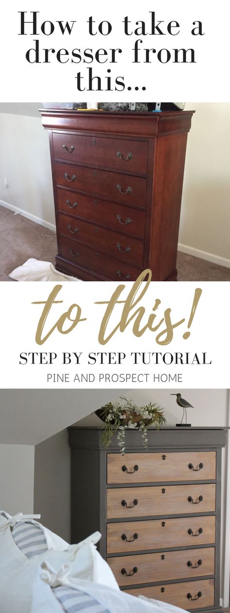 Dresser makeover using gray paint with raw wood drawer fronts Cheap Furniture Makeover, Diy Dresser Makeover, Dressers Makeover, Diy Furniture Renovation, Diy Dresser, Furniture Rehab, Painted Dresser, Dresser Makeover, Furniture Renovation