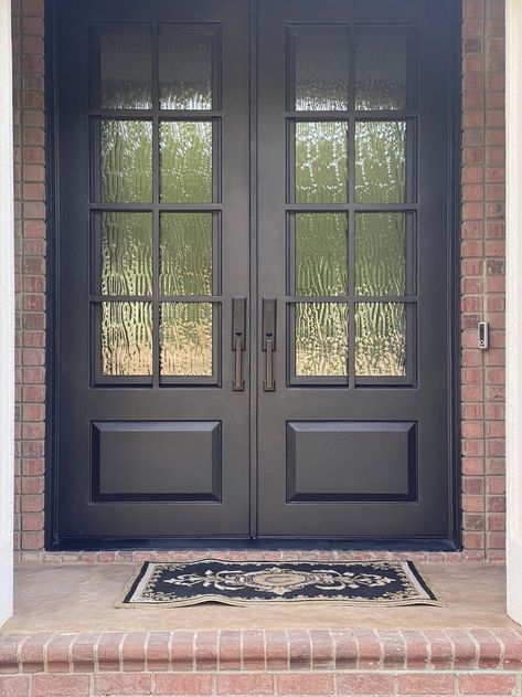 Modern Iron Front Doors, Frosted Glass Double Front Door, Hammered Glass Front Door, Double Front Doors With Side Windows, Steel Doors Exterior Front Entry, French Double Doors Entrance Front Entry, Double Front Doors With Glass Panels, Iron Front Door Double, Double Entry Front Doors