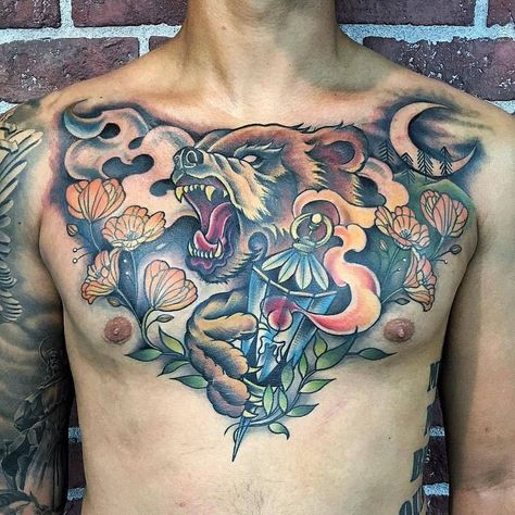 Tattoo Sleeve Men Arm, Chestpiece Tattoo, Traditional Bear Tattoo, Traditional Chest Tattoo, Full Chest Tattoos, Bull Tattoos, Wicked Tattoos, Tattoo Color, Bear Tattoos