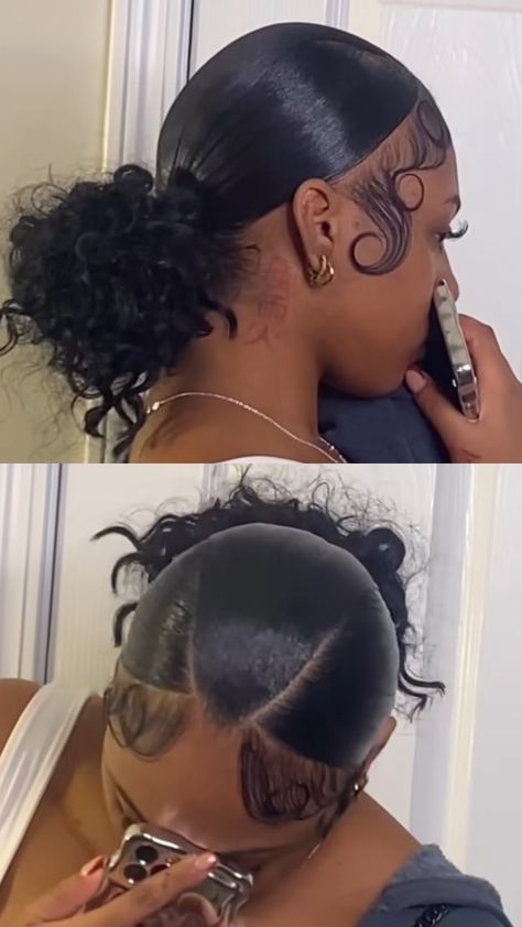 Curly Weave Bun Hairstyles, Curly Two Bun Hairstyles, Low Back Bun Black Women, Short Low Ponytail Hairstyles, Slick Back Curly Ponytail Natural Hair, 3 Part Curly Ponytail, Slick Back Low Bun Black Women, V Part Low Ponytail, Space Buns With Side Part