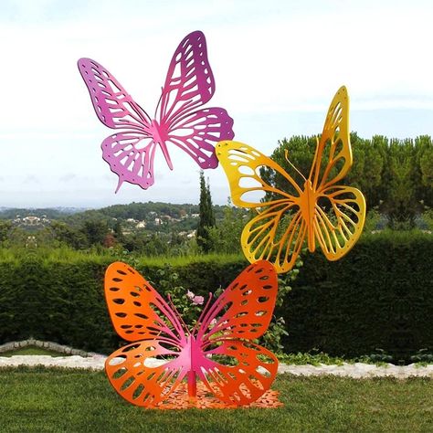 Large Yard Art, Butterfly Garden Art, Butterfly Park, Yard Sculptures, Architectural Sculpture, Metal Sculptures, Steel Flowers, Lawn Ornaments, Garden Deco