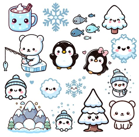 Doodles Kawaii, Kawaii Winter, Winter Drawings, Cute Easy Doodles, Images Kawaii, Easy Doodles, Winter Animals, Cute Doodles Drawings, Cute Kawaii Drawings