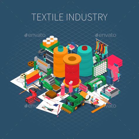 Isometric Textile Print Background by macrovector | GraphicRiver Sewing Factory, Textile Print, Industrial Sewing, Textile Company, Textile Industry, Printed Backgrounds, Organic Fabrics, Digital Marketing Services, Textile Prints