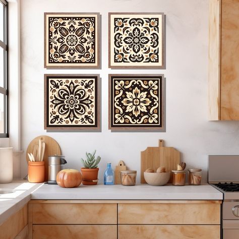 Mexican Kitchen Wall Art, Gallery Set of 4 Talavera Tile Digital Print, Coffee Brown Mexico Folk Art Printable, Rustic Hacienda Cocina Decor - Etsy Spanish Kitchen Design Mexican Style, Green Living Rooms, Talavera Kitchen, Spanish Kitchen Design, Mexican Art Painting, Mexican Kitchen, Mexican Wall Art, Mexican Wall, Talavera Tile