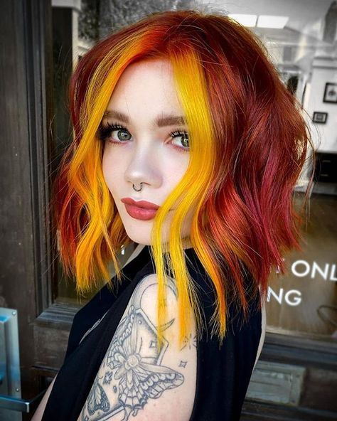 Rock Hair, Shag Hair, Yellow Hair Color, Haircut 2023, Fire Hair, Vivid Hair Color, Color Highlights, Hair 2024, Unique Hair