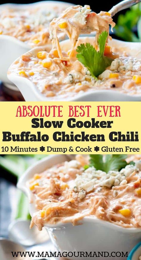 Mamagourmand Recipes, Buffalo Chicken Chili Recipe, Creamy Buffalo Chicken, Slow Cooker Buffalo Chicken, Chili Easy, Buffalo Chicken Chili, Chicken Chili Crockpot, Slow Cooker Chicken Chili, Crockpot Chili