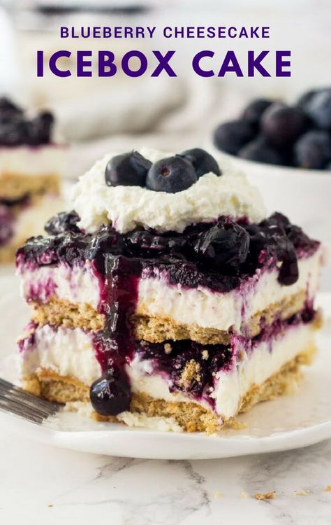 Blueberry Cheesecake Icebox Cake is an easy, no bake, cold & creamy dessert that's perfect for warm weather. It has layers of graham crackers, creamy no bake cheesecake, and juicy blueberries. #summerrecipes #nobake #iceboxcake #potlucks #bbq Blueberry Cheesecake Icebox Cake Martha Stewart, Easy Blueberry Lemon Icebox Cake, One Dish Kitchen Desserts, Blueberry Ice Box Cake, Blueberry Icebox Pie, Blueberry Cheesecake Icebox Cake, Blueberry Lasagna Dessert, Coconut Icebox Cake, Blueberry Icebox Cake