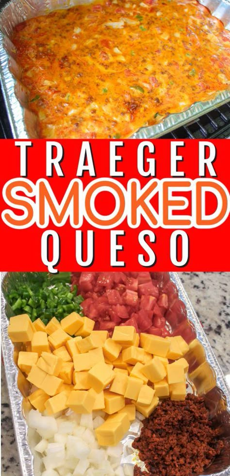 Smoked Queso Dip With Sausage, Cheese Dip In Smoker, Traeger Cheese Dip, Pellet Smoker Queso Dip, Pellet Grill Queso Dip, Bbq Queso Dip, Smokey Queso Dip, Smoked Chip Dip, Traeger Smoked Queso Dip