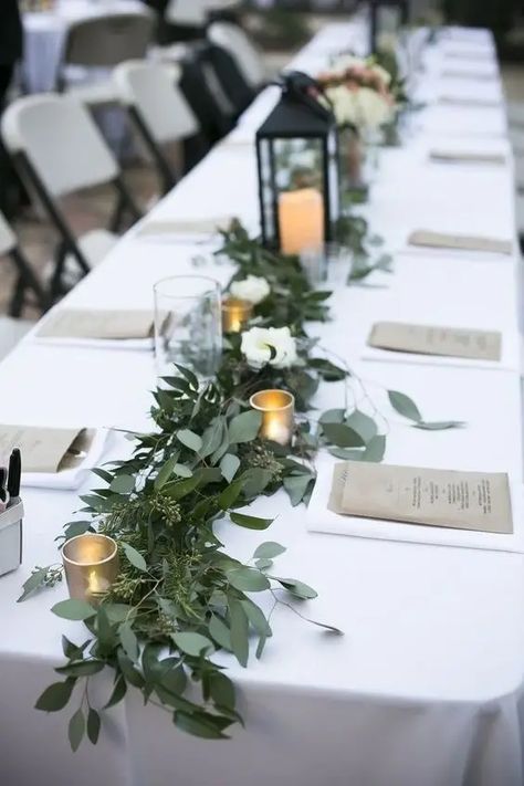 These Are The Hottest Wedding Trends, According To Pinterest Eucalyptus Wedding Decor, Reception Head Table, Fun Wedding Decor, Table Garland, Deco Champetre, Wedding Table Flowers, Decor Flowers, Table Runners Wedding, White Wedding Flowers