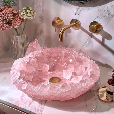 Rose Quartz Sink, Rose Quartz Interiors, Gemstone Furniture, Witch Aesthetic Bedroom, French House Interior, Crystal Sink, Crystals Rose Quartz, Crystal Room Decor, Lady Aphrodite