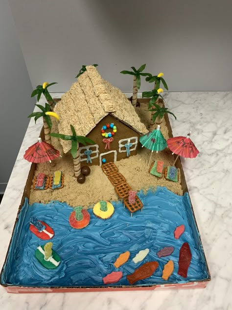 Moana Gingerbread House, Ginger Bread Beach House Ideas, Ginger Bread House Inspo Easy, Tiki Gingerbread House Ideas, Ocean Gingerbread House, Disney Themed Gingerbread House Ideas, Hawaii Gingerbread House, Ginger Bread House Theme Ideas, Creative Ginger Bread House