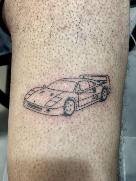 Ferrari F40 Tattoo, F40 Tattoo, E30 Tattoo, Car Related Tattoos, White Ferrari Tattoo, Car Outline Tattoo, Bmw Tattoo Ideas, Ferrari Tattoo, Anniversary Tattoo