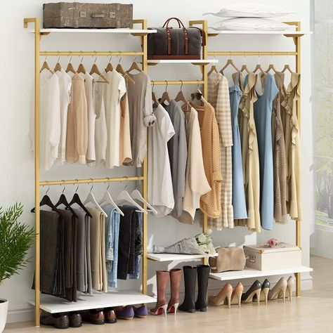 Beach House Wardrobe, Wall Clothing Rack, Large Wardrobe Closet, Black Gold Decor, Salon Suite Ideas, Industrial Clothing Rack, Wall Mounted Clothing Rack, Apartment Furniture Ideas, Clothing Rack Bedroom