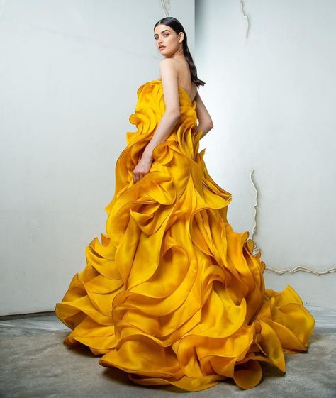 Fresh Off-Shoulder Gowns That Are Perfect For Your Engagement! | WedMeGood Organza Ruffle Dress, Yellow Prom Dresses, Prom Dresses Tulle, Lavender Gown, Yellow Prom, Gaurav Gupta, Ruffled Gown, Reception Gown, Ruffle Gown