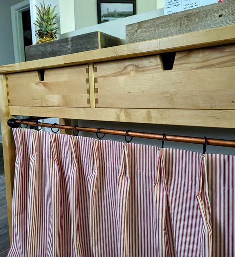 This Kitchen Island Skirt Hack Doubles as the Most Stylish Storage Kitchen Cabinet Curtains Under Sink, Kitchen Cabinet Curtains Open Shelves, Kitchen Counter Curtains, Kitchen Cabinets With Curtains For Doors, Kitchen Island Curtain, Under Cabinet Curtains, Curtain Kitchen Cabinets, Cabinet Curtains Diy, Under Sink Curtain