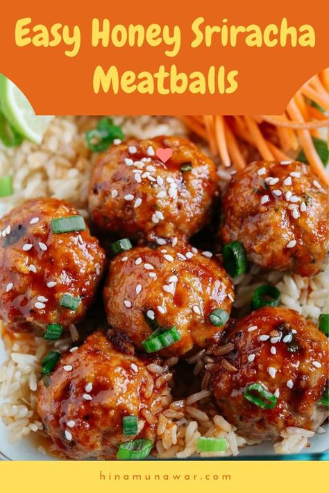 Honey Sriracha Meatballs Honey Siracha Chicken, Spicy Chicken Meatballs, Sriracha Meatballs, Ground Chicken Meatballs, Healthy Meatballs, Ground Beef Meatballs, Meatball Dinner, Sweet And Spicy Chicken, Healthy Honey