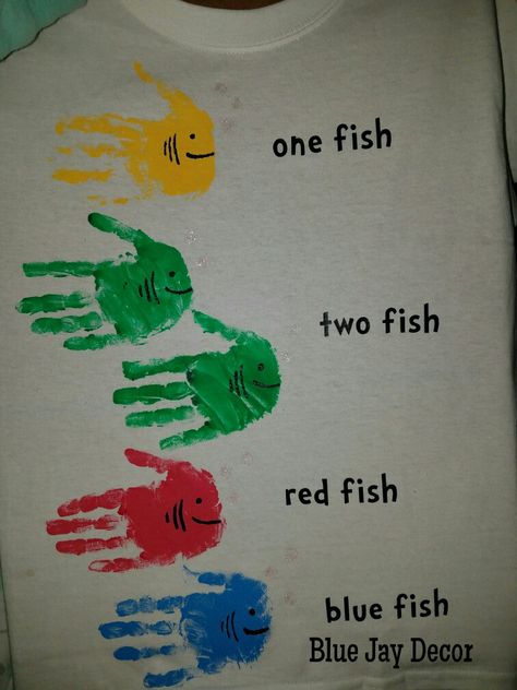 Dr. Seuss One Fish Two Fish Red Fish Blue Fish DIY Shirt. Painted fabric paint on hands, use heat transfer vinyl & my silhouette for the words, and black and glitter tulip paint for the fish details and bubbles. Blue Fish Red Fish Dr. Seuss, Dr Seuss One Fish Two Fish Costume, One Fish Two Fish Shirt, One Fish Two Fish Activities Preschool Dr. Seuss, Diy One Fish Two Fish Shirt Dr. Seuss, Dr Seuss One Fish Two Fish Craft, 1 Fish 2 Fish Red Fish Blue Fish Costume, Dr Seuss Shirt Ideas Diy, Dr Seuss Diy Shirt