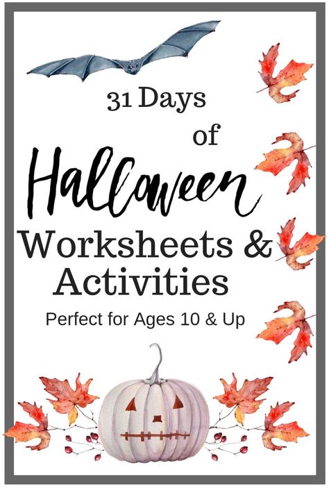 Halloween Worksheets and other Halloween Activities can be hard to find for older kids.  If you want to inject some Halloween fun into your lessons, check out this series of 31 FREE Halloween worksheets & more.  The work has been done for you. Halloween Fifth Grade, 6th Grade Halloween Activities, Halloween Homeschool Activities, Free Halloween Math Worksheets, Halloween Educational Activities, Fill In The Blanks Story, Activities For Older Kids, Homeschool Halloween, Halloween Homeschool