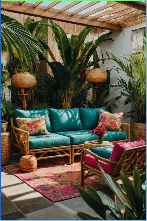 Tiki Patio Ideas, Miami Backyard, Patio Nook, Colourful Gardens, Tiki Backyard, Tiki Patio, Deck Plants, Tiki House, Palm Plants