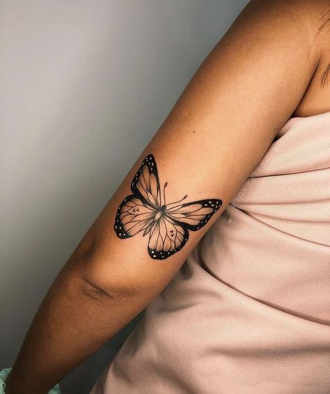 Butterfly Tattoo Upper Arm, Butterfly Tattoo Back Of Arm, Above Elbow Tattoos For Women, Above Elbow Tattoo, Simple Butterfly Tattoo, Butterfly Tattoos On Arm, Outer Forearm Tattoo, Wrap Around Tattoo, Butterfly Tattoos For Women