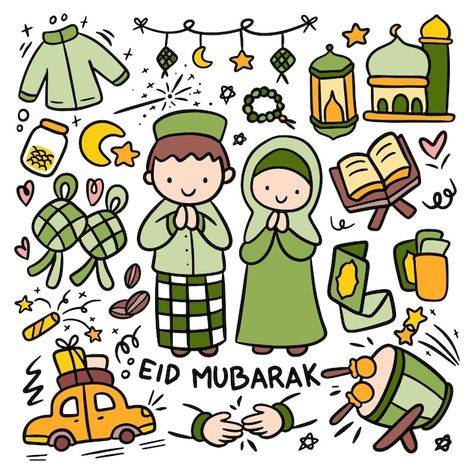 Eid al fitr celebration doodle set idul ... | Premium Vector #Freepik #vector #cartoon-design #lantern #traditional-culture #happy-doodle Stiker Idul Fitri, Kad Raya, Poster Ramadhan, Eid Envelopes, Happy Ramadan Mubarak, Eid Hampers, Eid Al Adha Greetings, Kawaii Doodle, Ramadhan Kareem