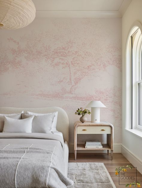 Blush landscape wall mural, Pink panoramic wallpaper, Tree and nature abstract art * * * REGULAR PAPER MATERIAL - Basic: Basic, thick paper material with a satin finish. Regular, paste-the-paper application. For better results, the wall should be light and smooth. The material reflects light a little more than other material types. The material is non-washable and not recommended for humid spaces. * * * ECO - NON WOVEN - PASTE THE WALL: This is a non-woven wallpaper without PVC additives, making 1 Wall Wallpaper Bedroom, Pink Wallpaper For Bedroom Modern, Wallpaper Bedroom Pastel, Bed Rooms Ideas Wallpaper, Wallpapers Room Bedrooms, Light Pink Office Walls, Pink Room With Wallpaper, Subtle Wallpaper Bedroom, Pink Wallpaper For Room Wall