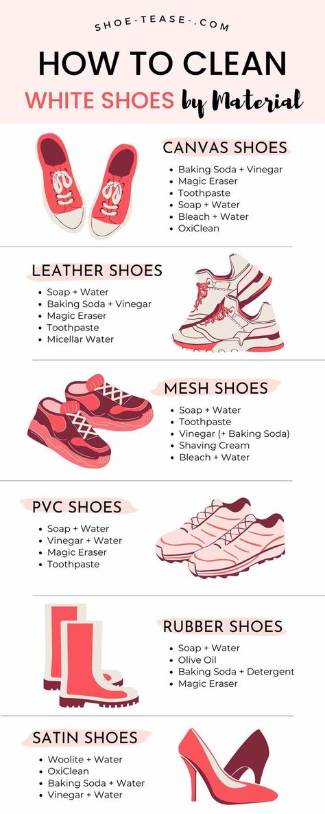 Infographic guide to cleaning white shoes by material with 6 different white shoe fabrics including canvas shoes, leather shoes, mesh shoes, PVC shoes, rubber shoes and satin shoes. Shoe Cleaner Diy, Clean White Leather Shoes, Rubber Shoes Outfit, Cleaning White Shoes, Cleaning White Canvas Shoes, Clean White Shoes, How To Clean White Sneakers, White Rubber Shoes, Cleaning Sneakers