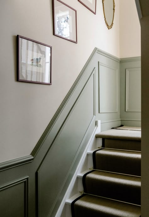 Panelled Hallway Stairs Colours, Wooden Flooring Hallway, Uk Stairs Ideas, Victorian Terrace Hallway Panelling, Green Panelled Hallway, Green Bannister, Green Panelling Hallway, Green And Cream Walls, Corridor Panelling