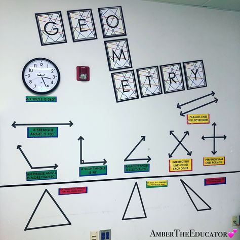 #MathIdeas #Geometry #FourthGrade. Geometry Bulletin Board Elementary, Geometry Bulletin Board High School, Geometry Classroom Decor High Schools, Geometry Classroom Decor, Geometry Bulletin Board, Geometry Decoration, Math Decorations, Maths Classroom, Mathematics Classroom