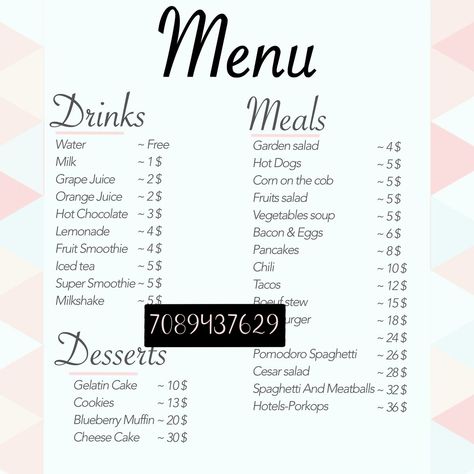 Aesthetic Bloxburg Menu, roblox #graphicdesign #freevector. Bloxburg Cafe, Cafe Logos, Aesthetic Bloxburg, Codes Bloxburg, Restaurant Layout, Hotel Menu, Cafe Menu Design, Cafe Pictures, School Decal