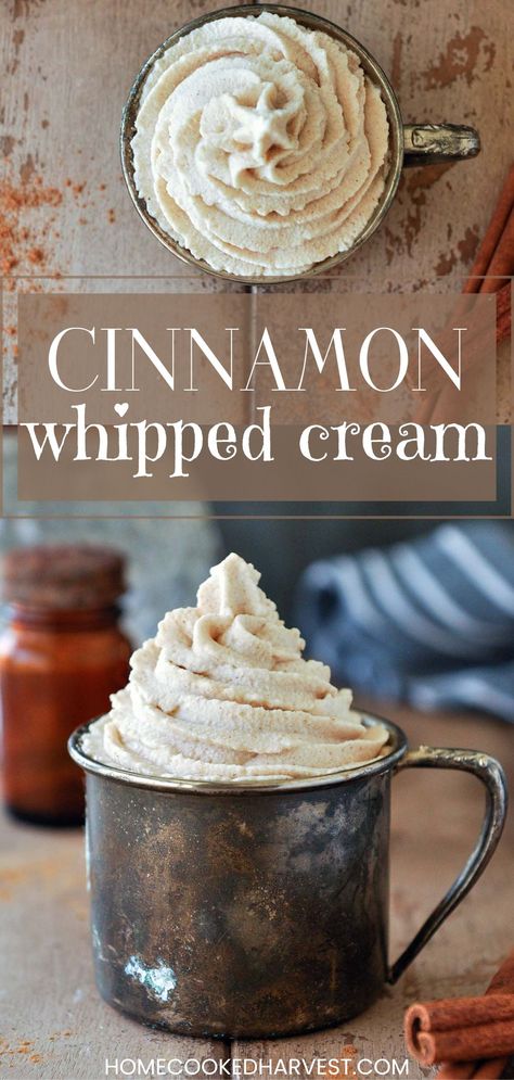 Homemade Cinnamon Whipped Cream will be your favorite dessert topper. I'll show you how to make cinnamon whipped cream with this easy recipe. Cinnamon Whipped Cream Recipe, Christmas Whipped Cream, Whipped Cream Canister Recipes, Homemade Flavored Whipped Cream, Cinnamon Whipped Cream Frosting, Cinnamon Cool Whip, Whipping Cream Desserts, Home Made Whipped Cream, Maple Cinnamon Whipped Cream