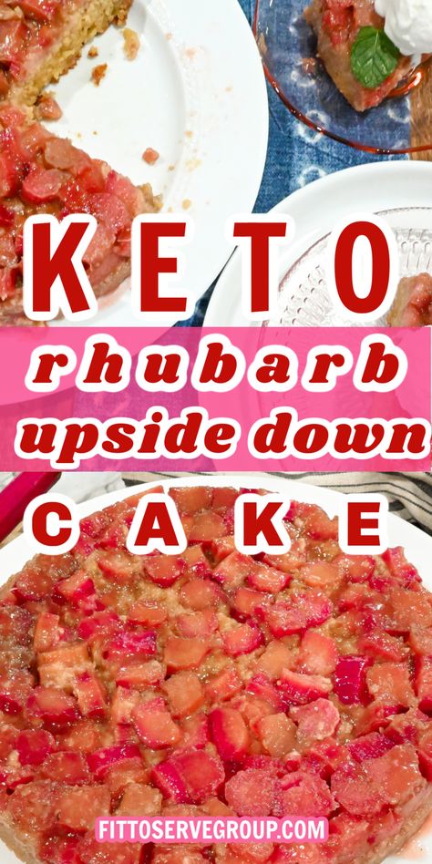 This recipe for keto rhubarb upside-down cake features a perfectly caramelized rhubarb topping and a moist buttery cake. The low carb rhubarb upside-down cake has a tart and sweet profile that makes it delicious. It's both rustic and elegant and a wonderful way to enjoy rhubarb while doing keto. Keto upside down cake| rhubarb keto cake Keto Rhubarb Crisp, Keto Rhubarb Recipes, Upside Down Rhubarb Cake, Rhubarb Keto, Keto Rhubarb, Healthy Rhubarb Recipes, Rhubarb Upside Down Cake, Rhubarb Cake Recipes, Keri Soup