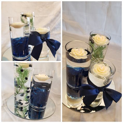 Navy Blue Centerpieces Diy, Navy Blue Centrepiece, Navy Floating Candles, Navy Silver Centerpieces, Navy Blue And Gold Centerpieces For Men, Navy Blue Gold Centerpieces, Navy Table Centerpieces, Navy Blue Wedding Centerpieces Diy, Midnight Blue Centerpieces