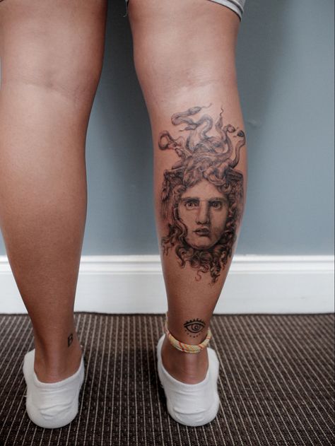 Medusa Tattoo On Calf, Medusa Calf Tattoo, Medusa Tattoo Calf, Medusa Tattoos For Women, Behind The Leg Tattoos For Women, Back Of Calf Tattoos For Women, Back Of Calf Tattoo, Miniature Tattoo, Calf Sleeve Tattoo