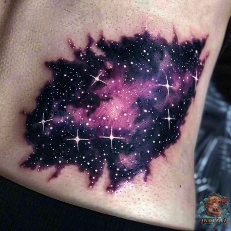 Purple Galaxy Tattoo, Black Purple Tattoo, Galaxy Cover Up Tattoo, Galaxy Tattoo Design, Night Sky Tattoos, Galaxy Tattoos, Watercolor Galaxy Tattoo, Water Tattoos, Nebula Tattoo