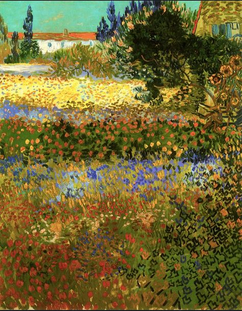 An 1888 oil on canvas painting, Flowering Garden, by Vincent van Gogh (1853-90), the Dutch post-impressionist artist. Painted in July in Arles, southern France. A lesser-known work, it represents the artist's interest in calming garden scenes with flowers in the same summer he was also painting his more famous night café scenes with much more saturated colours. Vincent Van Gogh Art, Vincent Van Gogh Paintings, Arte Van Gogh, Van Gogh Paintings, Van Gogh Art, Garden Painting, Oil Painting Reproductions, Post Impressionists, Painting Reproductions