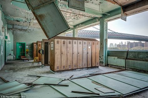 The old locker room: The building has remained untouched since due to legal battles over redevelopment plans Blueprint Design, Williamsburg Bridge, Desert Places, Sugar Factory, Industrial Living, Locker Room, Abandoned Places, Places Around The World, Photography Inspiration