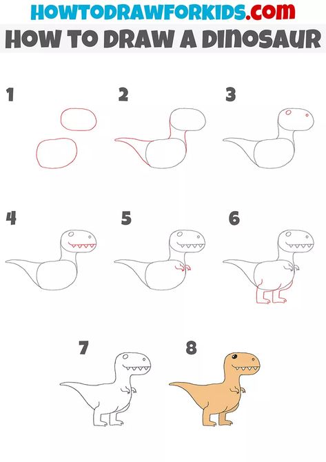 How to Draw a Dinosaur Easily - Easy Drawing Tutorial For Kids How To Draw A T-rex, Draw A Dinosaur, Easy Dinosaur Drawing, Very Easy Drawing, Drawing Lessons For Kids, Dinosaur Drawing, Draw Animals, Easy Drawing Tutorial, Stick Crafts