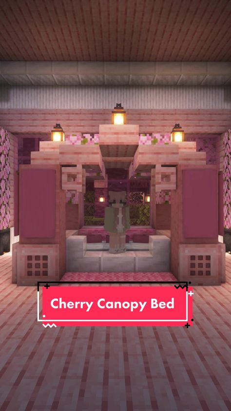 Pink Bedroom Minecraft Ideas, Canopy Minecraft, Minecraft Bed Canopy, Cherry Blossom Fishing Dock Minecraft, Minecraft Pink Room Ideas, Minecraft Sakura House Interior, Pink Bed Minecraft, Minecraft Cherry Bedroom, Cherry Bed Minecraft