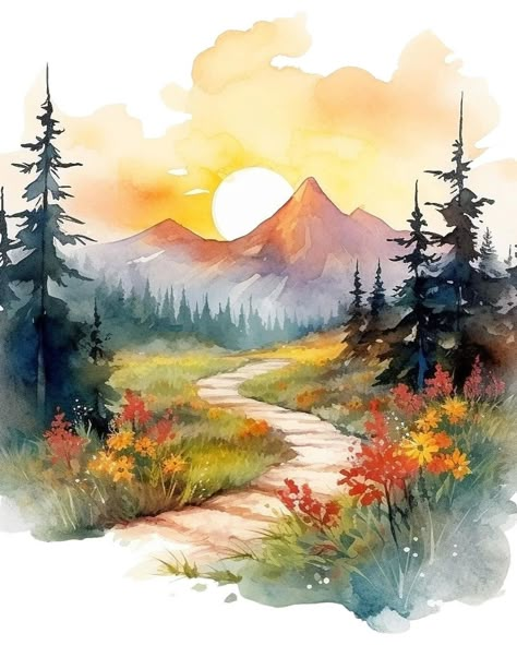 #paintings #art Path Painting, Wood Watercolor, Landscape Clipart, Forest Drawing, Watercolor Art Landscape, Watercolor Landscapes, Diy Watercolor Painting, Watercolor Mountains, Journaling Cards